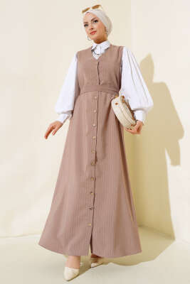 Önü Boydan Düğmeli Çizgili Jile Elbise Vizon 