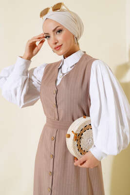 Önü Boydan Düğmeli Çizgili Jile Elbise Vizon - Tesettür Elbise