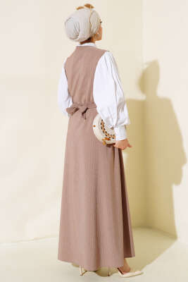 Önü Boydan Düğmeli Çizgili Jile Elbise Vizon - Tesettür Elbise