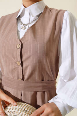 Önü Boydan Düğmeli Çizgili Jile Elbise Vizon - Tesettür Elbise