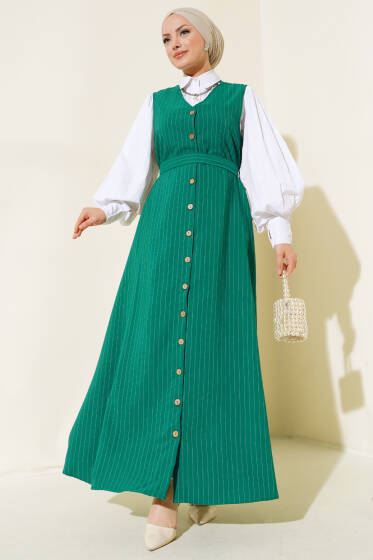 Önü Boydan Düğmeli Çizgili Jile Elbise Yeşil - Elbise