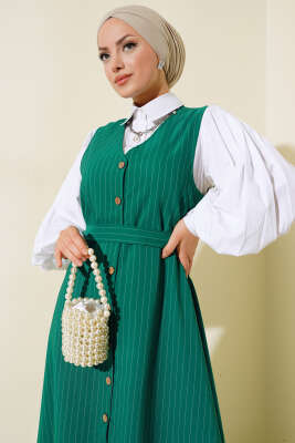 Önü Boydan Düğmeli Çizgili Jile Elbise Yeşil - Tesettür Elbise