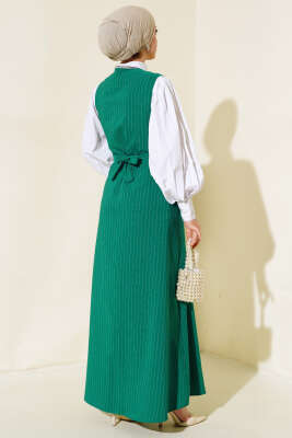 Önü Boydan Düğmeli Çizgili Jile Elbise Yeşil - Tesettür Elbise