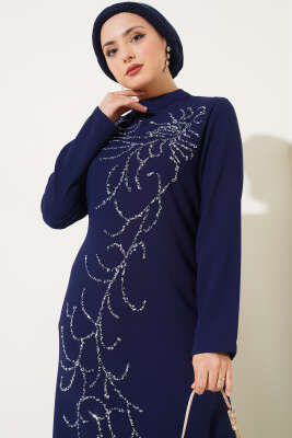 Önü Boydan Taşlı Büyük Beden Elbise Lacivert - Tesettür Elbise