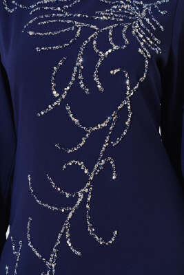 Önü Boydan Taşlı Büyük Beden Elbise Lacivert - Tesettür Elbise