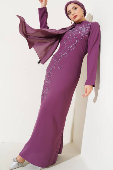 Önü Boydan Taşlı Büyük Beden Elbise Magenta - Elbise