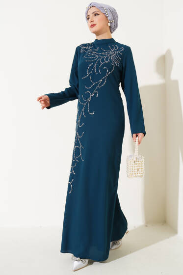Önü Boydan Taşlı Büyük Beden Elbise Petrol - Elbise