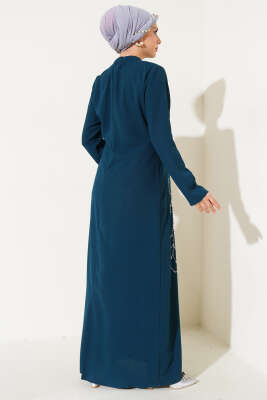 Önü Boydan Taşlı Büyük Beden Elbise Petrol - Tesettür Elbise