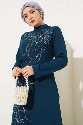 Önü Boydan Taşlı Büyük Beden Elbise Petrol - Tesettür Elbise