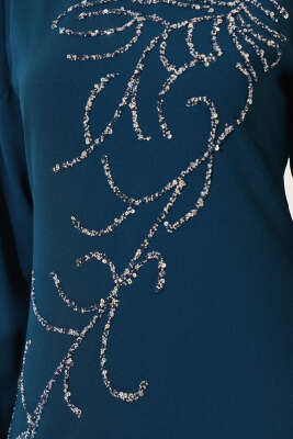 Önü Boydan Taşlı Büyük Beden Elbise Petrol - Tesettür Elbise