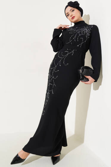 Önü Boydan Taşlı Büyük Beden Elbise Siyah - Elbise