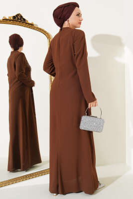 Önü Boydan Taşlı Büyük Beden Elbise Taba - Tesettür Elbise