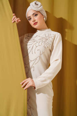 Önü Boydan Taşlı Büyük Beden Elbise Taş - Tesettür Elbise