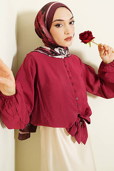 Önü Brit Düğmeli Bağlamalı Kısa Gömlek Bordo - Gömlek