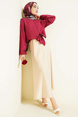 Önü Brit Düğmeli Bağlamalı Kısa Gömlek Bordo - Gömlek