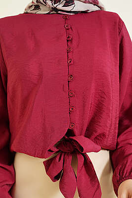 Önü Brit Düğmeli Bağlamalı Kısa Gömlek Bordo - Gömlek