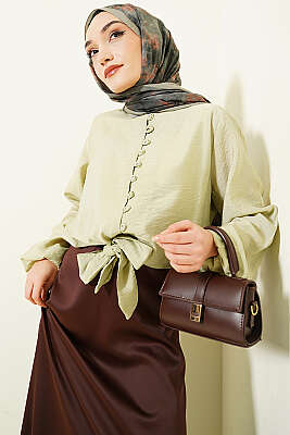 Önü Brit Düğmeli Bağlamalı Kısa Gömlek Çağla Yeşili - SAS