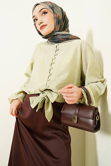 Önü Brit Düğmeli Bağlamalı Kısa Gömlek Çağla Yeşili - Gömlek