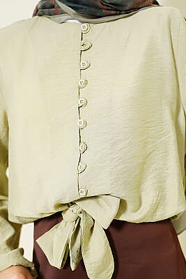 Önü Brit Düğmeli Bağlamalı Kısa Gömlek Çağla Yeşili - Gömlek