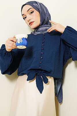 Önü Brit Düğmeli Bağlamalı Kısa Gömlek Lacivert - SAS