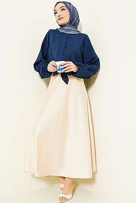 Önü Brit Düğmeli Bağlamalı Kısa Gömlek Lacivert - Gömlek