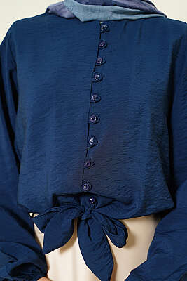 Önü Brit Düğmeli Bağlamalı Kısa Gömlek Lacivert - Gömlek