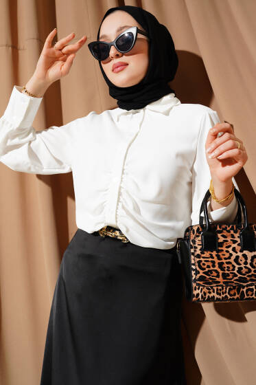 Önü Büzgü Detaylı Kısa Gömlek Beyaz - Gömlek