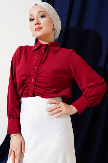 Önü Büzgü Detaylı Kısa Gömlek Bordo - Gömlek