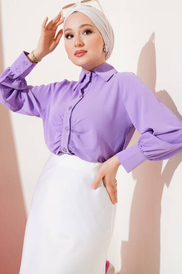 Önü Büzgü Detaylı Kısa Gömlek Lila - Gömlek