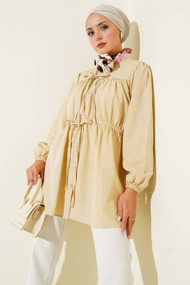 Önü Büzgülü Bağcıklı Gömlek Bej - Yılın Fırsatı