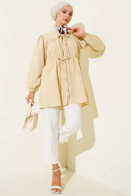 Önü Büzgülü Bağcıklı Gömlek Bej - Yılın Fırsatı