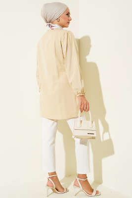 Önü Büzgülü Bağcıklı Gömlek Bej - Yılın Fırsatı