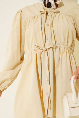 Önü Büzgülü Bağcıklı Gömlek Bej - Yılın Fırsatı