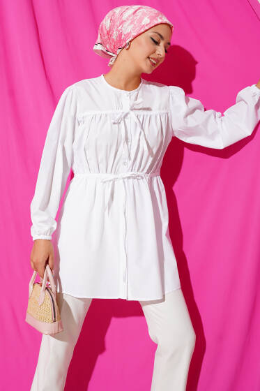 Önü Büzgülü Bağcıklı Gömlek Beyaz - Gömlek