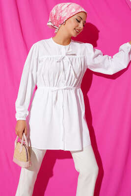 Önü Büzgülü Bağcıklı Gömlek Beyaz