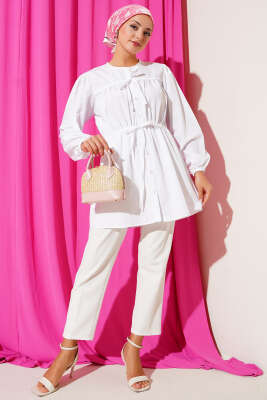 Önü Büzgülü Bağcıklı Gömlek Beyaz - Yılın Fırsatı