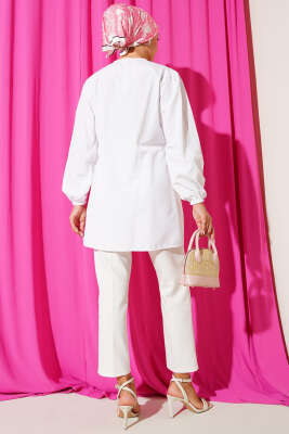 Önü Büzgülü Bağcıklı Gömlek Beyaz - Yılın Fırsatı