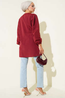 Önü Büzgülü Bağcıklı Gömlek Bordo - Yılın Fırsatı