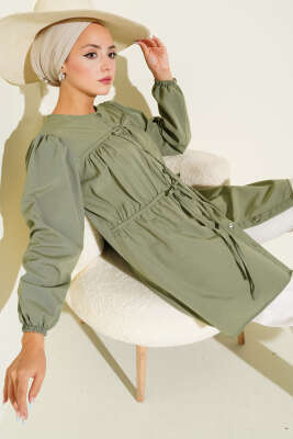 Önü Büzgülü Bağcıklı Gömlek Haki 