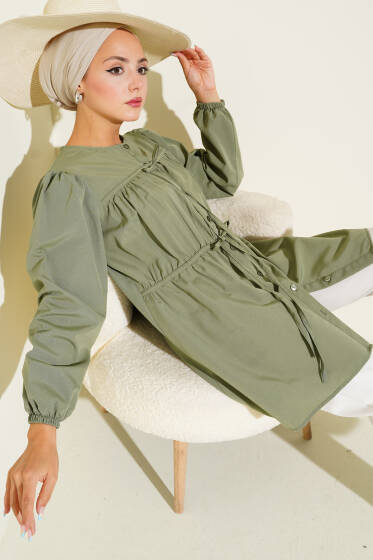 Önü Büzgülü Bağcıklı Gömlek Haki - Yılın Fırsatı