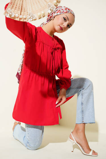 Önü Büzgülü Bağcıklı Gömlek Kırmızı - Gömlek