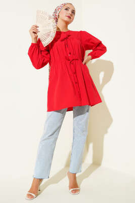Önü Büzgülü Bağcıklı Gömlek Kırmızı - Yılın Fırsatı