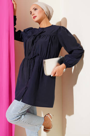 Önü Büzgülü Bağcıklı Gömlek Lacivert - Gömlek