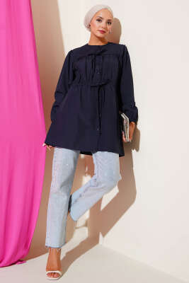 Önü Büzgülü Bağcıklı Gömlek Lacivert - Yılın Fırsatı