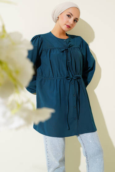 Önü Büzgülü Bağcıklı Gömlek Petrol - Gömlek
