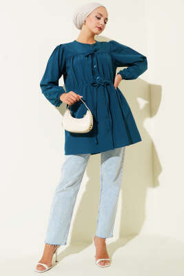 Önü Büzgülü Bağcıklı Gömlek Petrol - Yılın Fırsatı