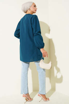 Önü Büzgülü Bağcıklı Gömlek Petrol - Yılın Fırsatı