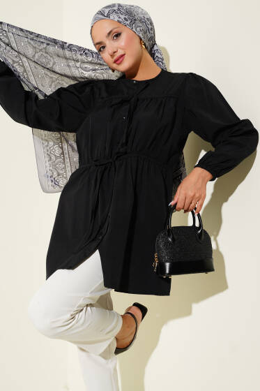 Önü Büzgülü Bağcıklı Gömlek Siyah - Gömlek