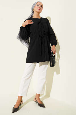 Önü Büzgülü Bağcıklı Gömlek Siyah - Yılın Fırsatı