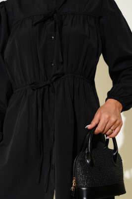 Önü Büzgülü Bağcıklı Gömlek Siyah - Yılın Fırsatı